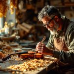 La lutherie artisanale : entre tradition et innovation un-artisan-luthier-travaillant-sur-un-violon-dans-son-atelier-entoure-de-copeaux-de-bois-et-baigne-dans-une-lumiere-chaude-mettant-en-avant-les-details-raffines-de-linstrument