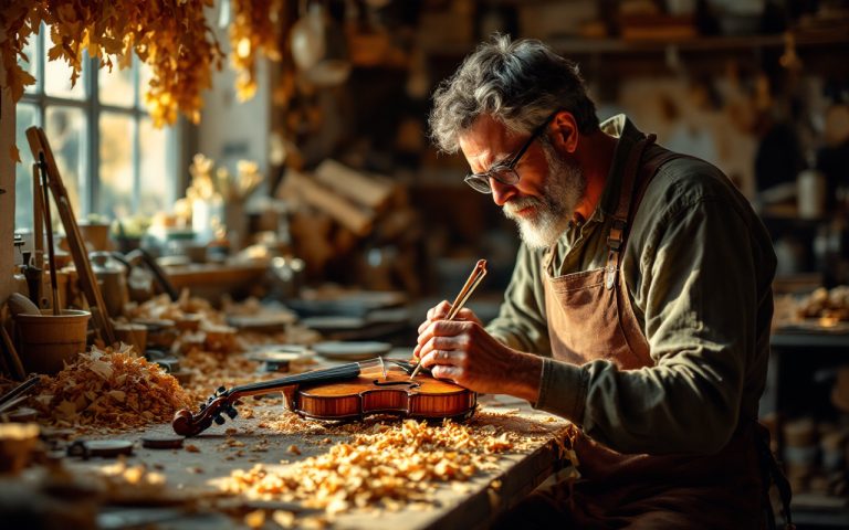 un-artisan-luthier-travaillant-sur-un-violon-dans-son-atelier-entoure-de-copeaux-de-bois-et-baigne-dans-une-lumiere-chaude-mettant-en-avant-les-details-raffines-de-linstrument