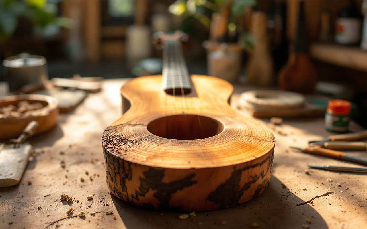Image illustrant des matériaux durables utilisés pour la fabrication d'instruments de musique, mettant en avant des bois naturels et des métaux recyclés dans un éclairage naturel et chaleureux.