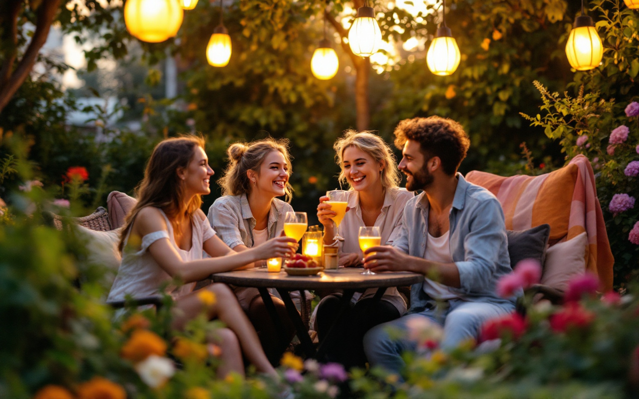 Des amis savourent des boissons sous des lanternes dans un jardin, créant une ambiance chaleureuse et joyeuse au coucher du soleil.