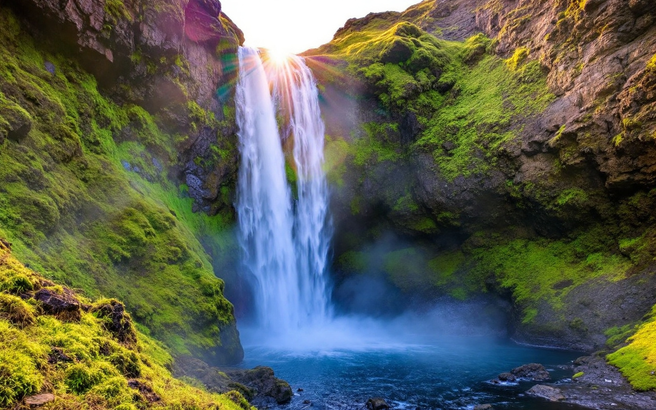 Une magnifique cascade dévalant une falaise en Islande, entourée de mousse verte et de terrain rocheux, sous la lumière du soleil filtrant à travers la brume.
