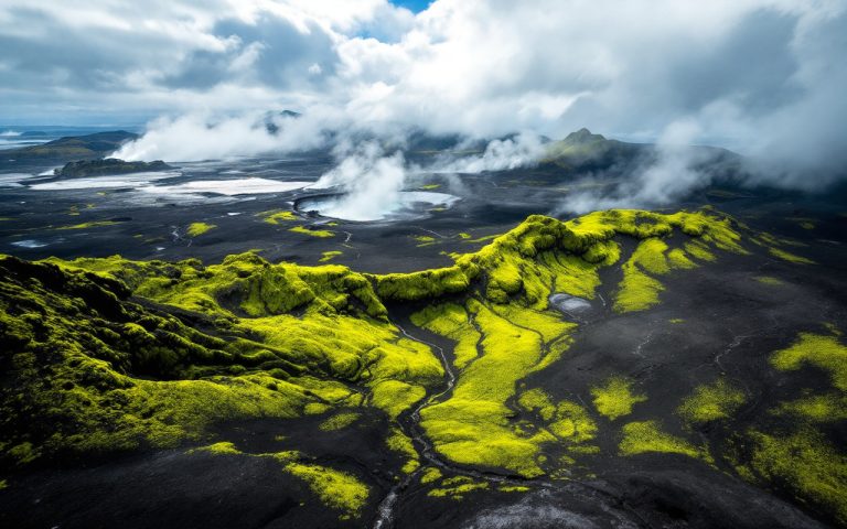 vue-aerienne-dun-paysage-volcanique-en-islande-montrant-des-champs-de-lave-noire-une-mousse-verte-vibrante-et-des-zones-geothermiques-en-ebullition