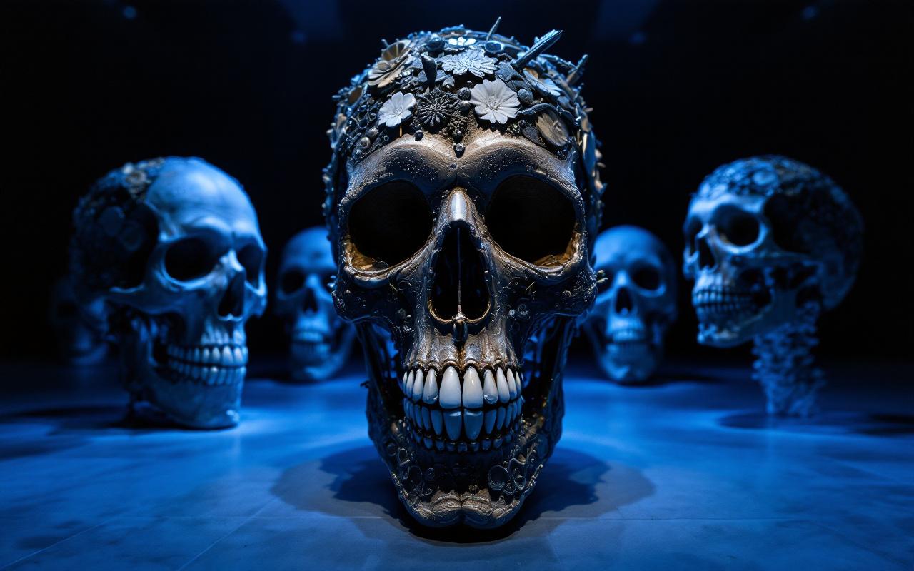 Installation artistique de crânes dans une galerie faiblement éclairée, mettant en avant des crânes élaborés en divers matériaux, créant une ambiance sombre et mystérieuse.
