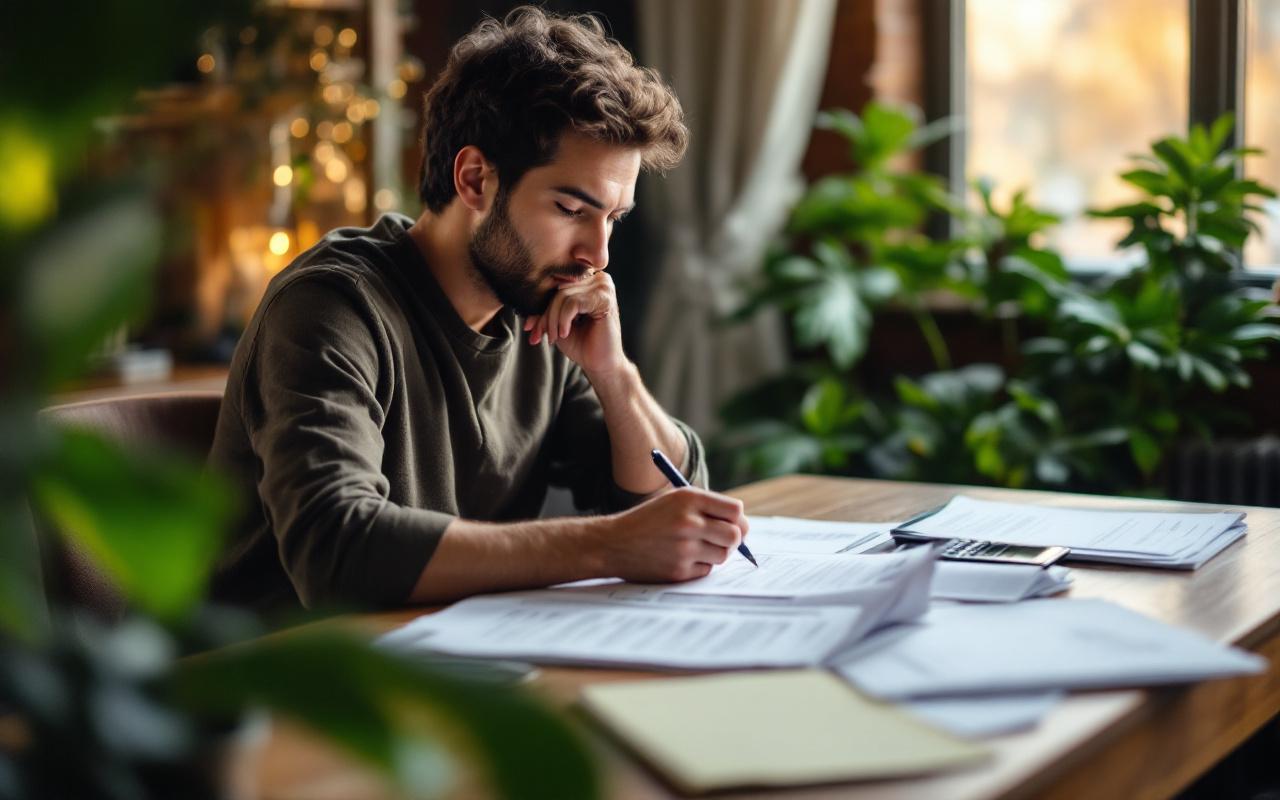 Une personne réfléchie examinant son budget, assise à un bureau en bois avec des papiers et une calculatrice, à la lumière naturelle douce provenant d'une fenêtre proche.