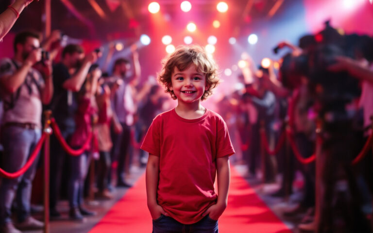 un-enfant-portant-un-t-shirt-amusant-se-tenant-sur-un-tapis-rouge-entoure-de-flashes-dappareils-photo-et-dans-une-ambiance-joyeuse