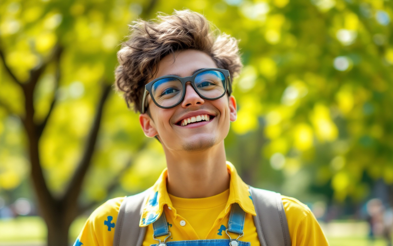 Une personne portant des lunettes surdimensionnées et une tenue ludique, souriante dans un parc ensoleillé entourée d'arbres verts.