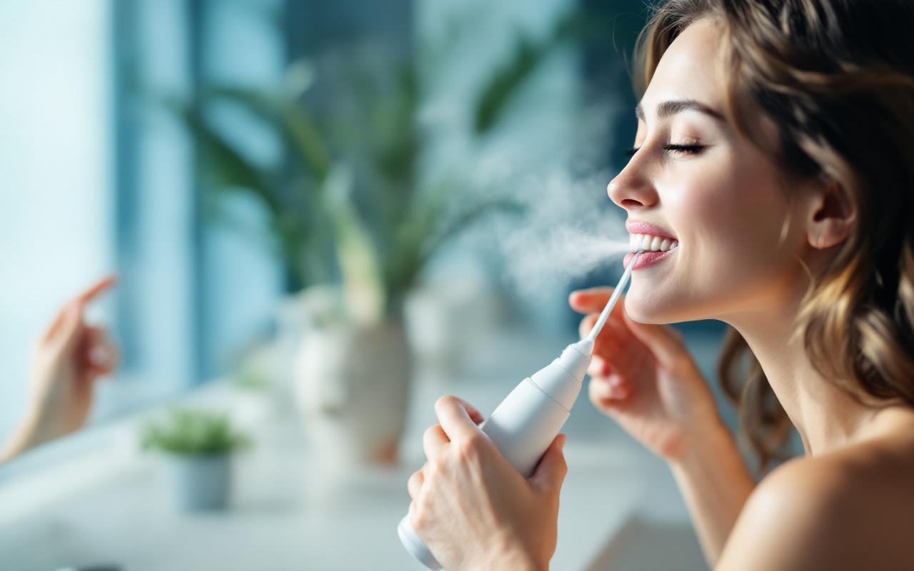 Personne utilisant un hydropulseur dentaire devant un lavabo dans une salle de bains moderne, on voit des gouttes d'eau et de la mousse de dentifrice, lumière naturelle douce traversant une fenêtre, ambiance calme aux tons bleus et verts.
