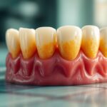 Comment éviter et réduire le tartre dentaire au quotidien gros-plan-photorealiste-des-incisives-inferieures-montrant-un-tartre-jaune-brun-epais-le-long-du-bord-gingival-texture-calcifiee-visible-et-gencives-legerement-rougeatres-fond-clinique-flou-e