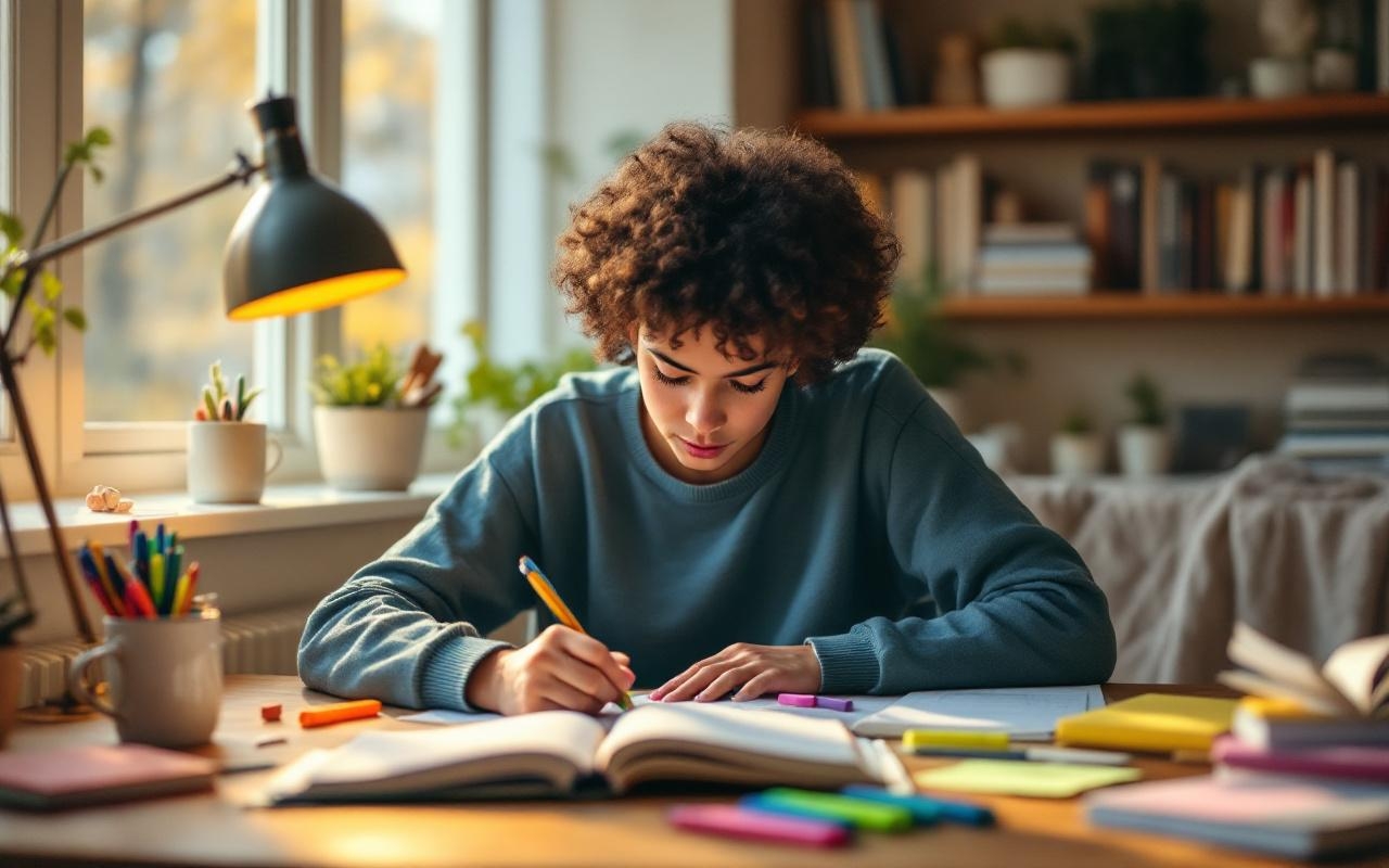 etudiant-concentre-a-un-bureau-en-bois-plusieurs-cahiers-ouverts-et-surligneurs-colores-eparpilles-quelques-stylos-et-post-it-ambiance-calme-eclairee-par-une-lumiere-douce-de-fenetre