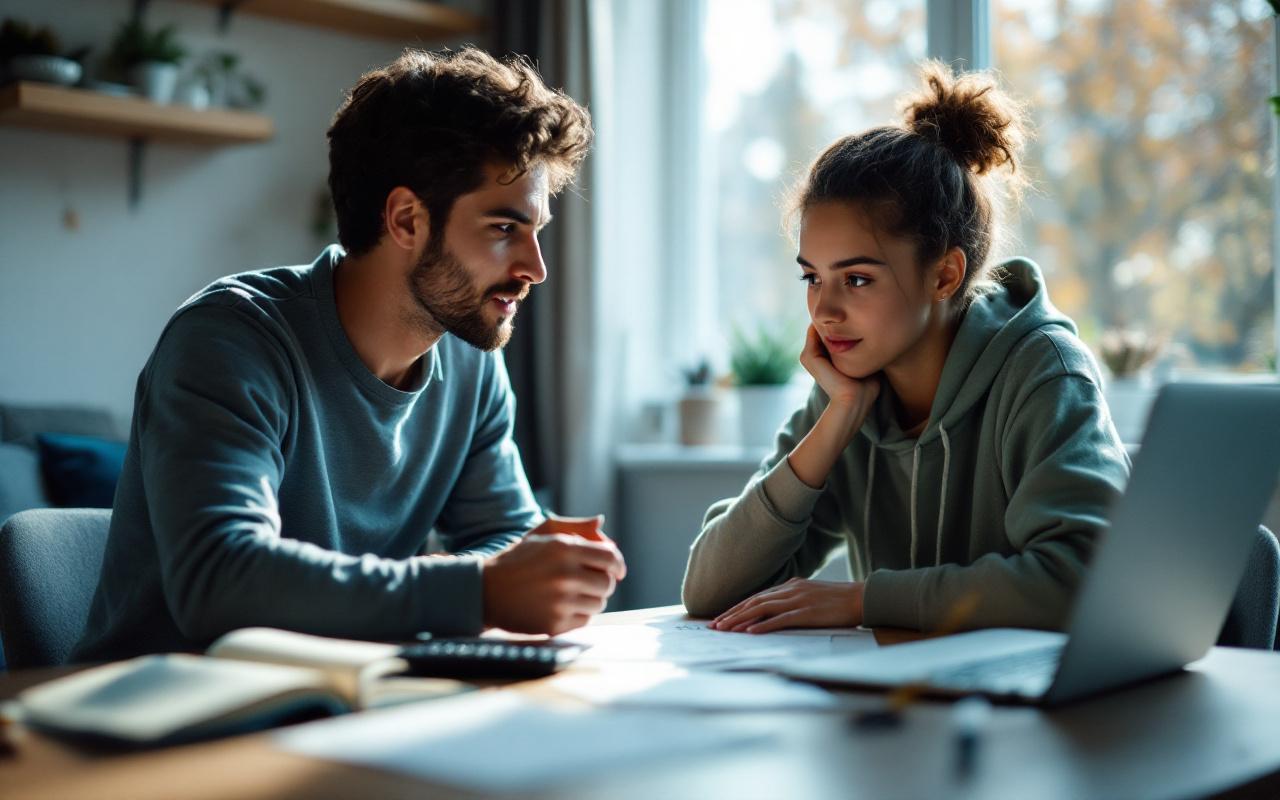 Un tuteur explique un exercice de mathématiques à un élève adolescent assis à une table de travail, avec des manuels ouverts, un ordinateur portable et un petit tableau blanc au mur, lumière naturelle douce entrant par la fenêtre, ambiance calme et concentrée aux tons bleus et verts.
