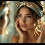 Une femme ajuste un bandeau en soie devant un miroir, visage calme et naturel en plan rapproché, lumière dorée douce avec reflets lumineux, arrière-plan de salle de bain neutre et légèrement flou.
