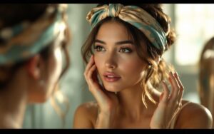 Une femme ajuste un bandeau en soie devant un miroir, visage calme et naturel en plan rapproché, lumière dorée douce avec reflets lumineux, arrière-plan de salle de bain neutre et légèrement flou.