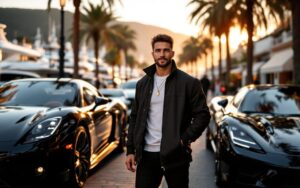 Influenceur automobile de luxe posant devant plusieurs supercars dans une rue urbaine élégante inspirée de Monaco, à la lumière dorée.