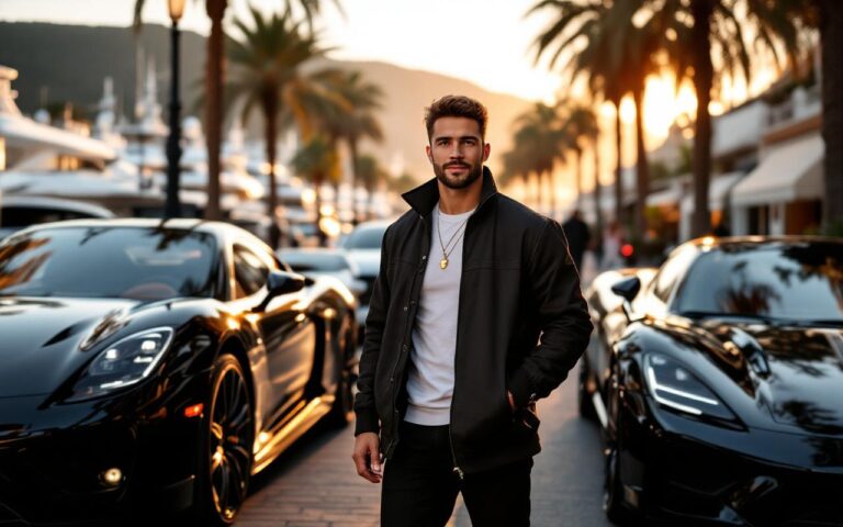 Influenceur automobile de luxe posant devant plusieurs supercars dans une rue urbaine élégante inspirée de Monaco, à la lumière dorée.