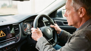 Intérieur d’une voiture moderne en plein jour : le conducteur, un homme d’âge moyen, paraît préoccupé en observant le tableau de bord avant de démarrer et de partir sur la route.