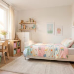 Chambre d’enfant moderne, lumineuse et bien rangée, avec des tons doux, un lit, un petit bureau, des rangements pour jouets et une ambiance chaleureuse.