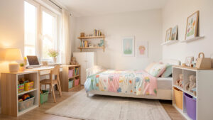 Chambre d’enfant moderne, lumineuse et bien rangée, avec des tons doux, un lit, un petit bureau, des rangements pour jouets et une ambiance chaleureuse.