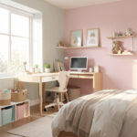 Chambre d’enfant moderne, lumineuse et bien rangée, avec des meubles fonctionnels et une ambiance douce, baignée de lumière naturelle.