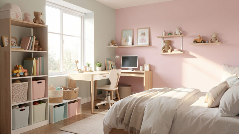 Chambre d’enfant moderne, lumineuse et bien rangée, avec des meubles fonctionnels et une ambiance douce, baignée de lumière naturelle.