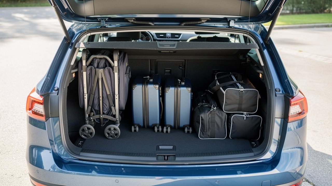 Coffre ouvert d’une voiture familiale montrant une poussette pliée, deux valises et des sacs, pour comparer visuellement l’espace de chargement.