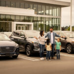 Une famille debout près de trois voitures garées sur un parking de concession : une berline, un SUV et un monospace, sous un éclairage naturel.