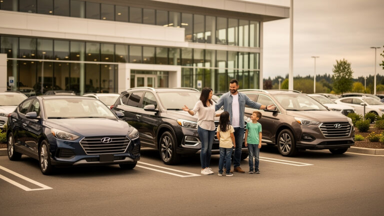 Une famille debout près de trois voitures garées sur un parking de concession : une berline, un SUV et un monospace, sous un éclairage naturel.