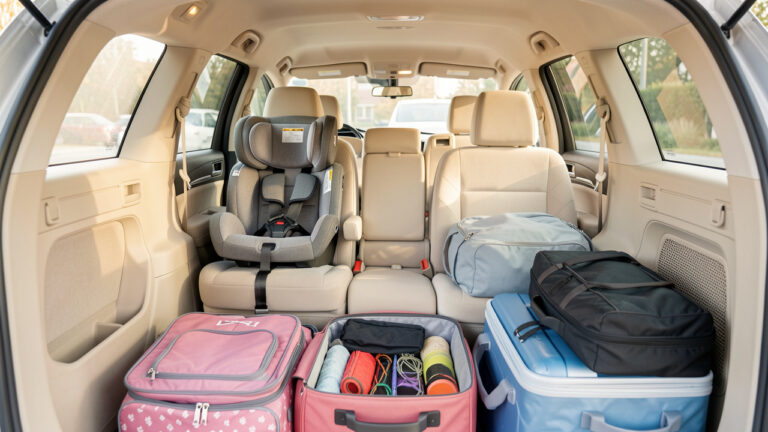 Habitacle familial lumineux et bien organisé, avec deux sièges enfants, des rangements pratiques et des bagages soigneusement disposés dans le coffre ouvert.