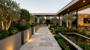 Terrasse et jardin contemporains haut de gamme avec allée élégante, végétation structurée et lumière douce en fin de journée, ambiance extérieure harmonieuse.