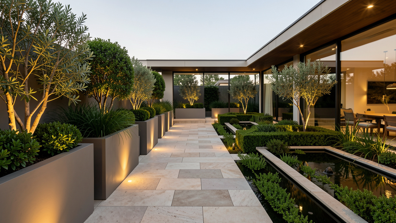 Terrasse et jardin contemporains haut de gamme avec allée élégante, végétation structurée et lumière douce en fin de journée, ambiance extérieure harmonieuse.