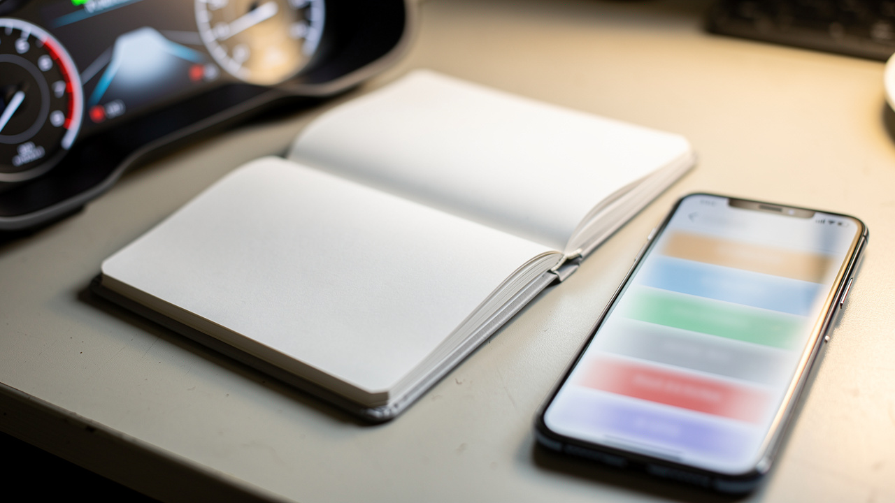 Gros plan réaliste d’un carnet d’entretien aux pages vierges, d’un compteur automobile et d’un smartphone affichant une interface de prix floutée, sans contenu lisible.
