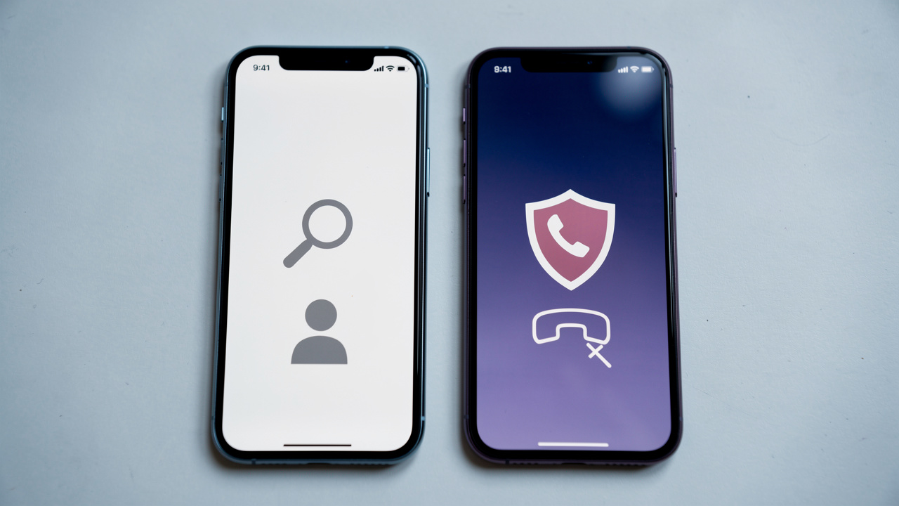 Deux smartphones côte à côte présentent visuellement un annuaire inversé et une application de blocage d’appels, avec des interfaces symboliques sans texte.