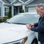 Vendre sa voiture entre particuliers : les étapes d’une annonce fiable Un homme photographie une voiture propre garée devant une maison, avec des documents vierges disposés sur le capot.