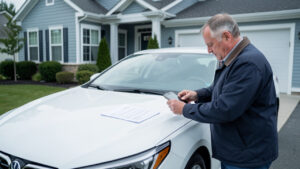 Un homme photographie une voiture propre garée devant une maison, avec des documents vierges disposés sur le capot.