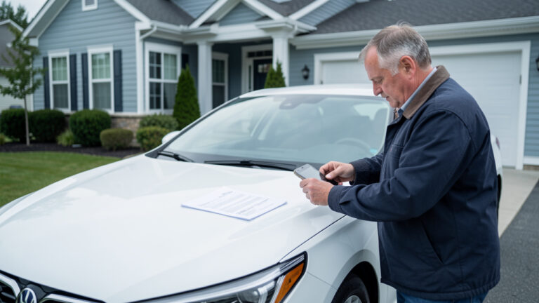 Un homme photographie une voiture propre garée devant une maison, avec des documents vierges disposés sur le capot.