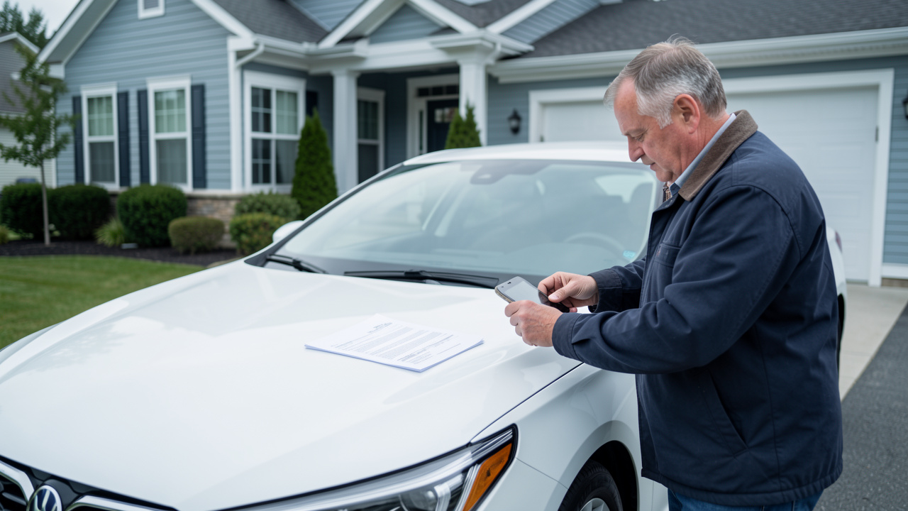 Un homme photographie une voiture propre garée devant une maison, avec des documents vierges disposés sur le capot.