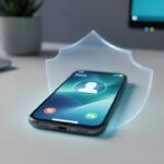 Smartphone moderne affichant une interface d’appel générique, protégé par un discret bouclier numérique dans une ambiance bleue et sécurisante.