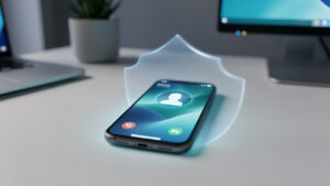 Smartphone moderne affichant une interface d’appel générique, protégé par un discret bouclier numérique dans une ambiance bleue et sécurisante.