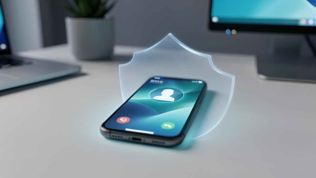 Smartphone moderne affichant une interface d’appel générique, protégé par un discret bouclier numérique dans une ambiance bleue et sécurisante.