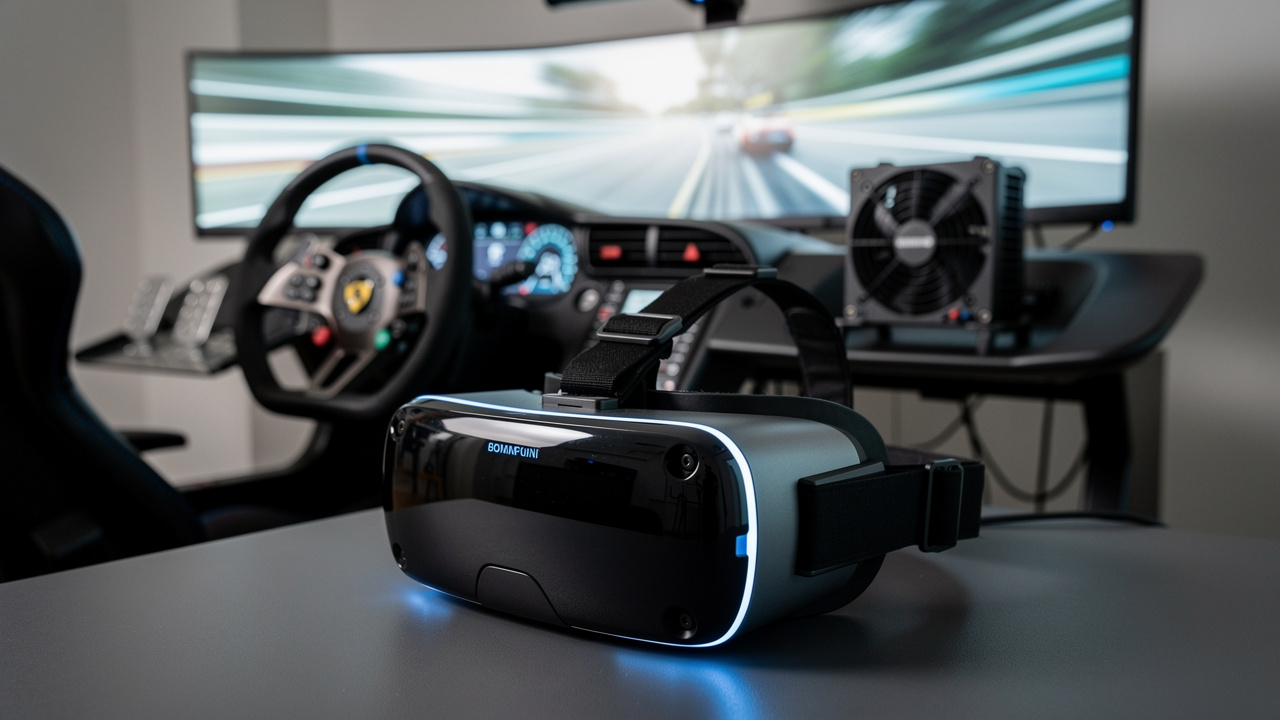 Gros plan sur un casque de réalité virtuelle posé devant un cockpit de simulation automobile, avec volant, tableau de bord, pédales, ventilateur et écran lumineux.