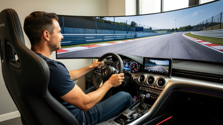 Un homme assis détendu dans un simulateur automobile moderne, les mains posées sur le volant et un circuit réaliste affiché à l’écran.