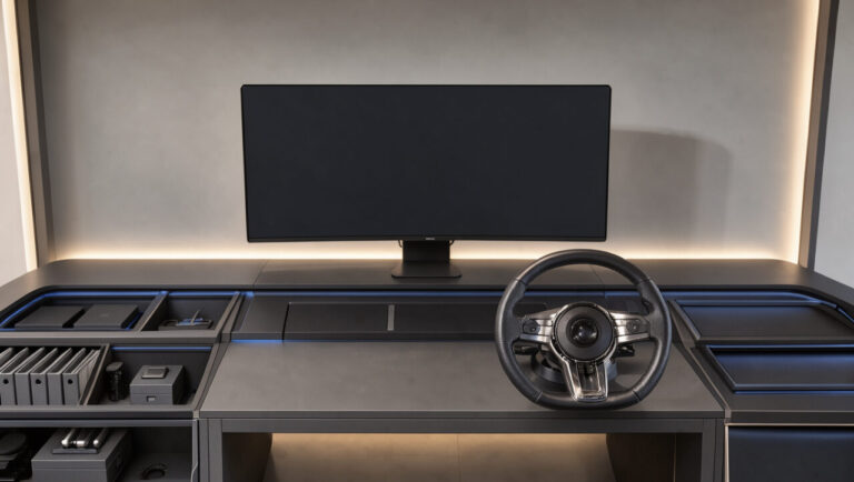 Coin bureau moderne intégrant un cockpit automobile, un écran large, un éclairage doux et des rangements soigneusement organisés.