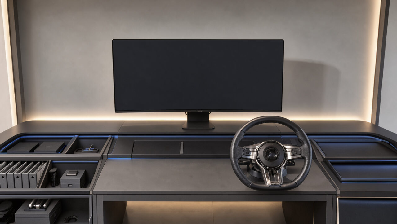 Coin bureau moderne intégrant un cockpit automobile, un écran large, un éclairage doux et des rangements soigneusement organisés.