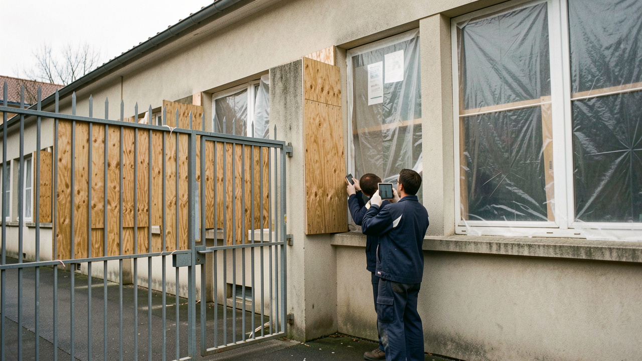 Façade réaliste d’un lycée français après une fermeture temporaire, avec portail fermé, plusieurs vitres protégées et deux agents techniques inspectant les lieux dans une ambiance documentaire.