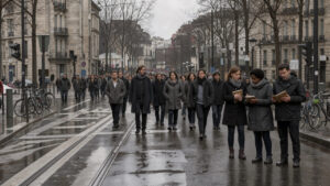 Manifestation urbaine en France vue de loin, avec un cortège de femmes et d’hommes vêtus de noir et trois journalistes prenant des notes dans une ambiance documentaire réaliste.