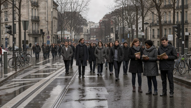 Manifestation urbaine en France vue de loin, avec un cortège de femmes et d’hommes vêtus de noir et trois journalistes prenant des notes dans une ambiance documentaire réaliste.