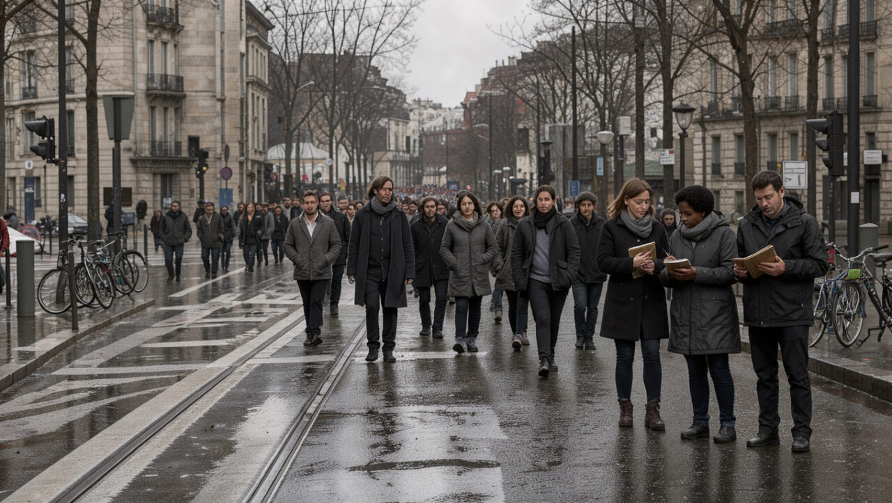 Manifestation urbaine en France vue de loin, avec un cortège de femmes et d’hommes vêtus de noir et trois journalistes prenant des notes dans une ambiance documentaire réaliste.
